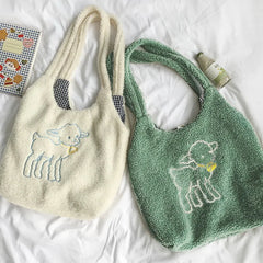 Canvas Handbag Tote Lamb Fabric Shoulder Bag Fur Sheep Print Handbags