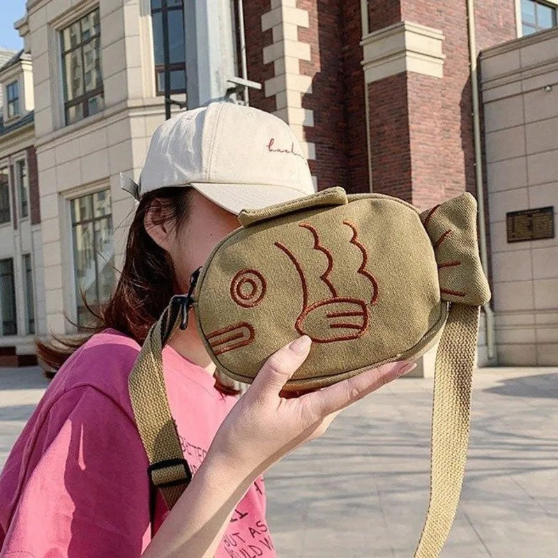 Fish Embroidery Canvas Messenger Bag Zippered Mini Crossbody