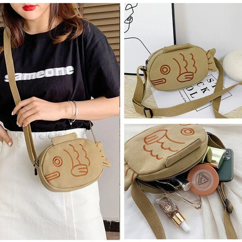 Fish Embroidery Canvas Messenger Bag Zippered Mini Crossbody