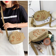 Fish Embroidery Canvas Messenger Bag Zippered Mini Crossbody
