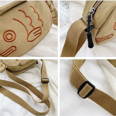 Fish Embroidery Canvas Messenger Bag Zippered Mini Crossbody