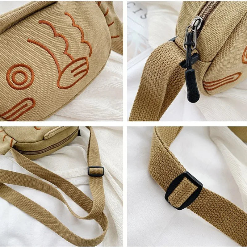 Embroidered Fish Shape Messenger Bag Zippered Crossbody Purse