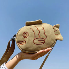 Embroidered Fish Shape Canvas Messenger Bag Mini Crossbody Zippered Purse