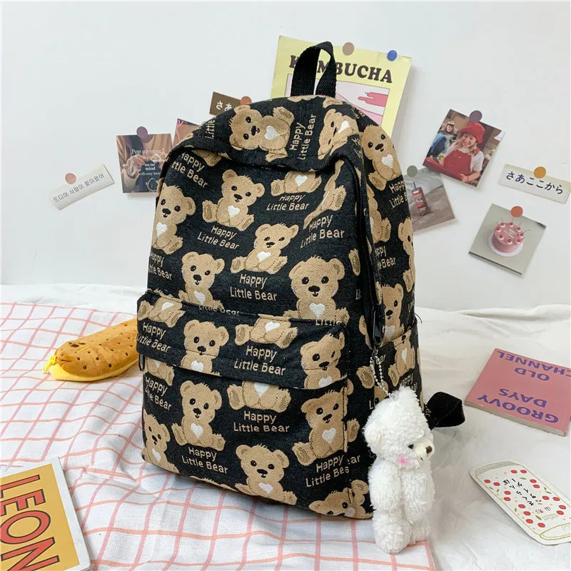 Cute Cartoon Bear Pattern Women Backpacks Soft Canvas School Bag