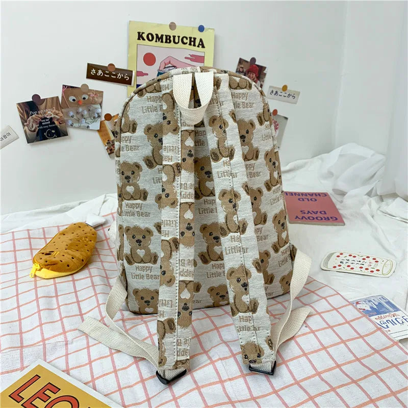 Cute Cartoon Bear Pattern Women Backpacks Soft Canvas School Bag