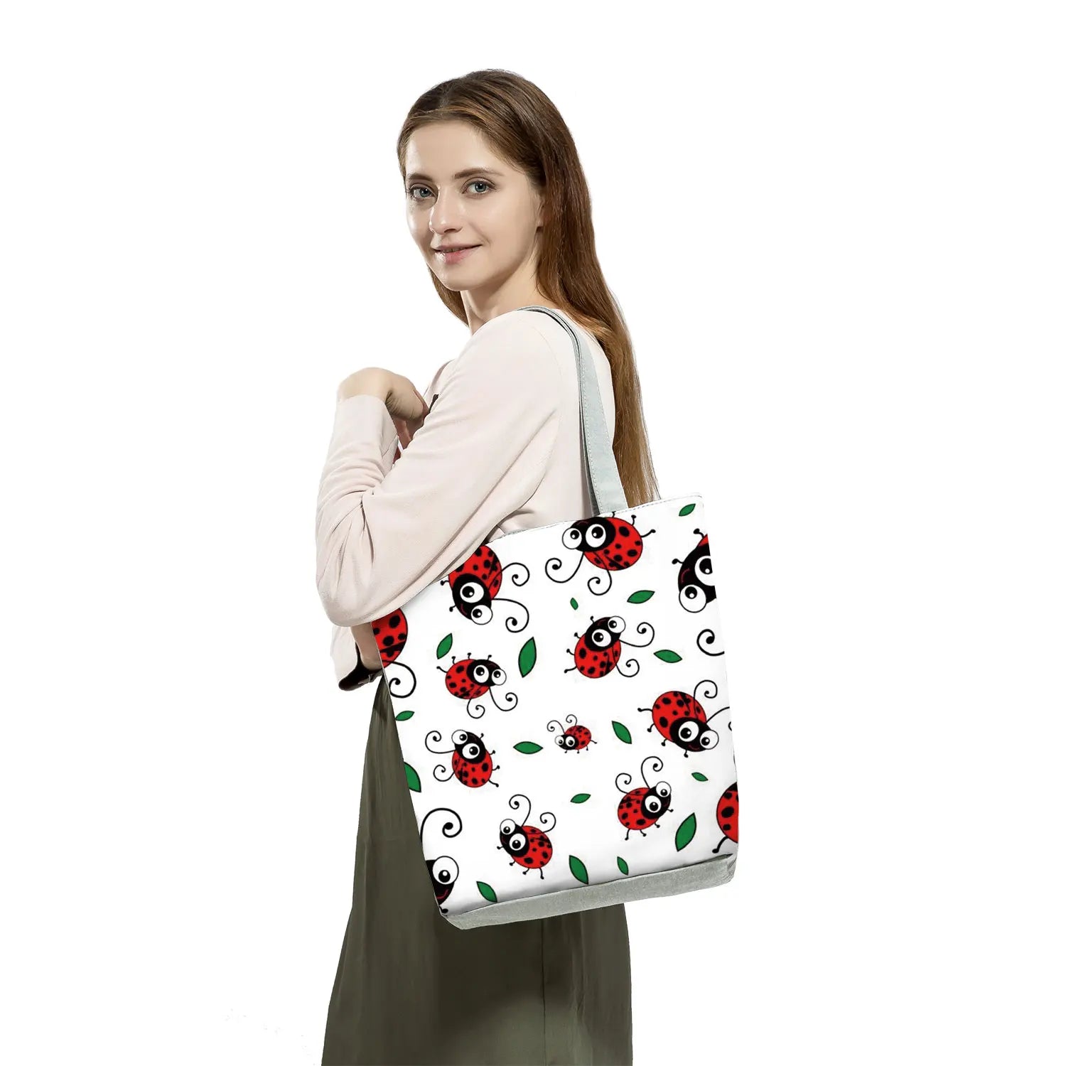 Cartoon Bee Ladybug Print Tote Bag Foldable Shopping Handbag Beach Bag