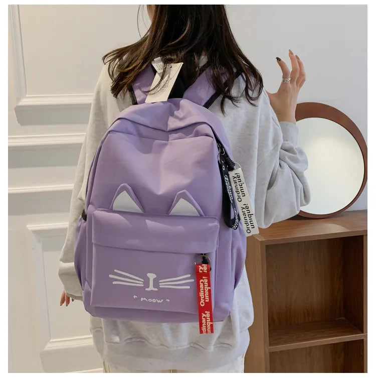 Cartoon Cat Ear Nylon Backpack Schoolbag for Girls