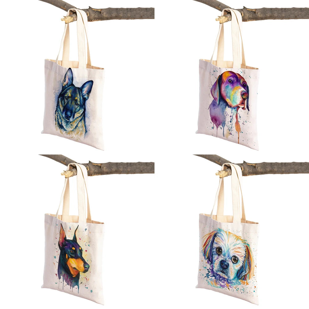 Dog Eco Shopping Bag Canvas Tote Handbag Watercolor Animal Lady Shoulder Bags