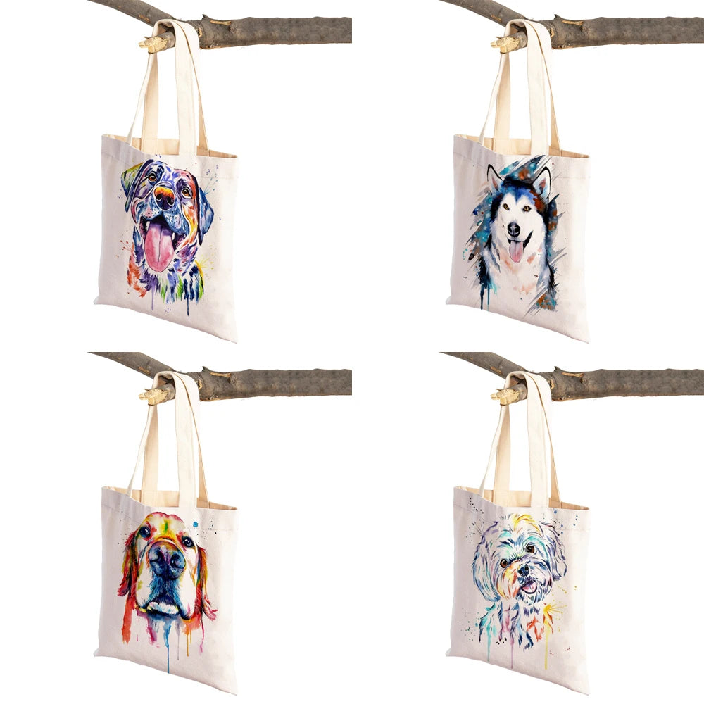 Dog Eco Shopping Bag Canvas Tote Handbag Watercolor Animal Lady Shoulder Bags