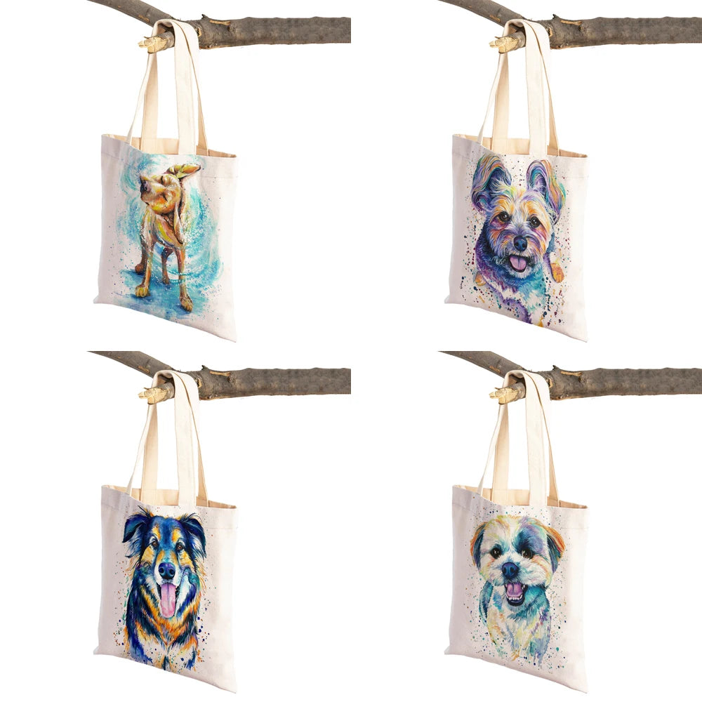 Dog Eco Shopping Bag Canvas Tote Handbag Watercolor Animal Lady Shoulder Bags
