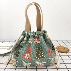 Cartoon Print Bento Bag Casual Drawstring Portable Tote Lunch Bags