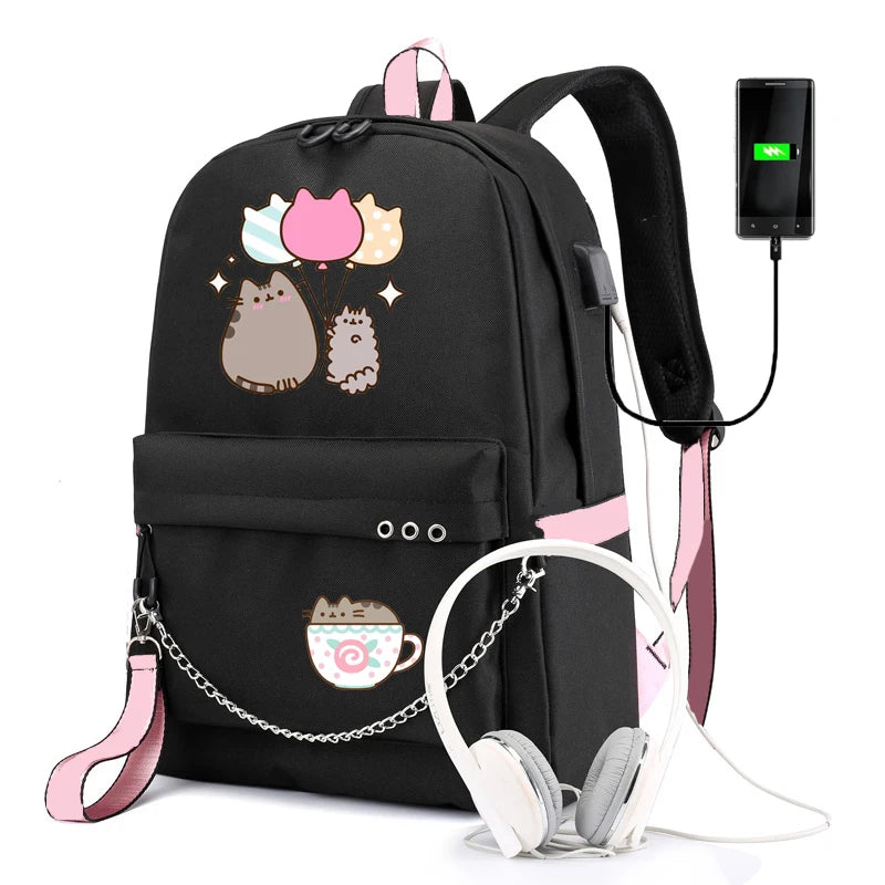 Large Capacity Student Backpack with USB Charging and Chain Bundle