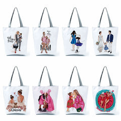 Cartoon Mama Print Tote Bag Reusable Shoulder Bags Mom and Baby Pattern