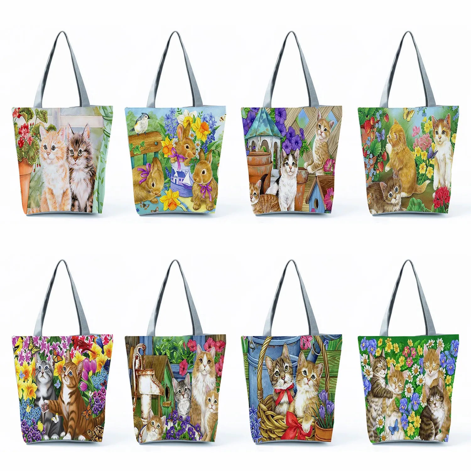 Cat Floral Painting Print Totes Handbags For Women Large Shopping Bags