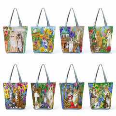 Cat Floral Painting Print Totes Handbags For Women Large Shopping Bags