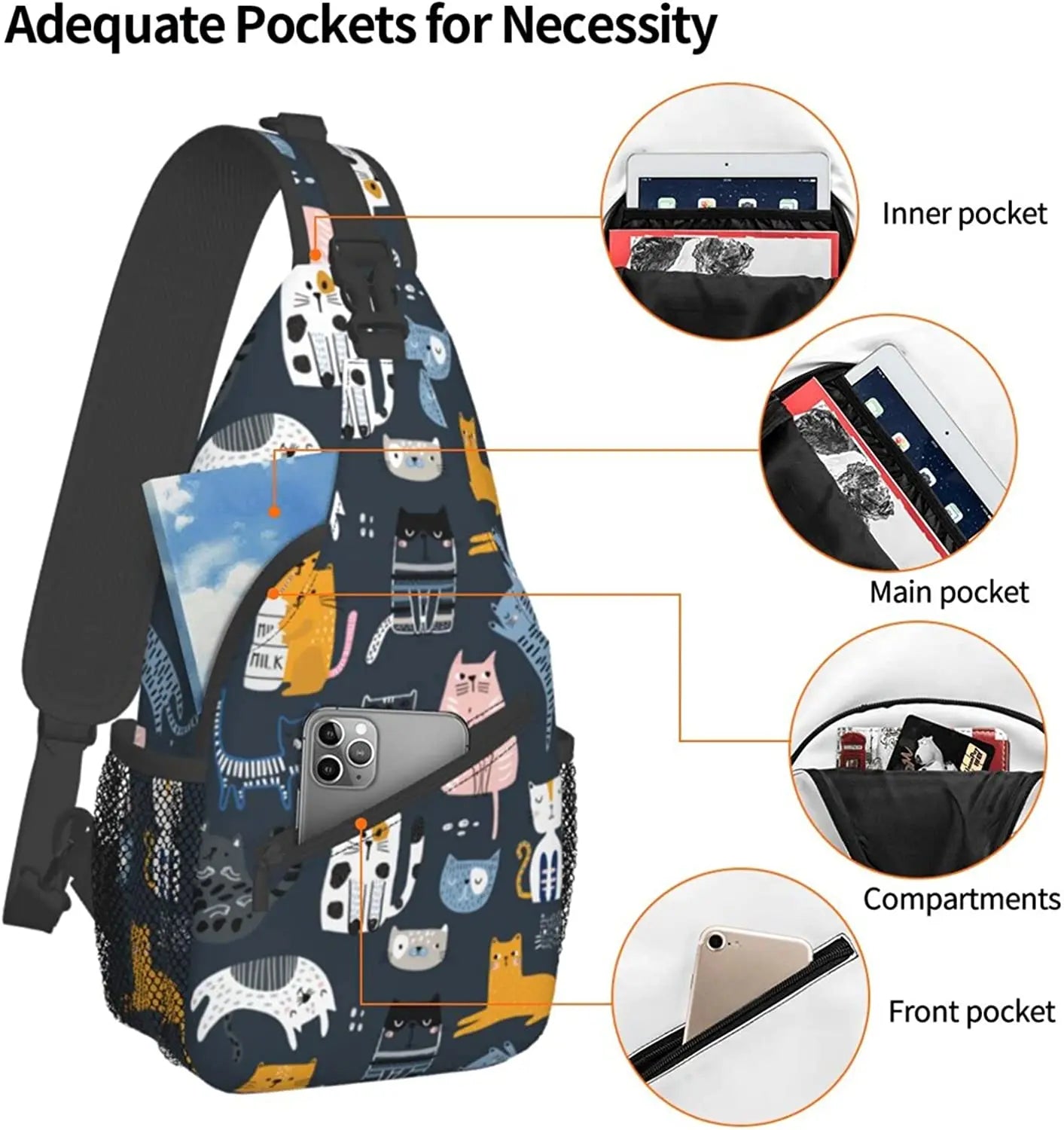 Cat Sling Bag Travel Crossbody Backpack Shoulder Pack Chest Hiking Daypack