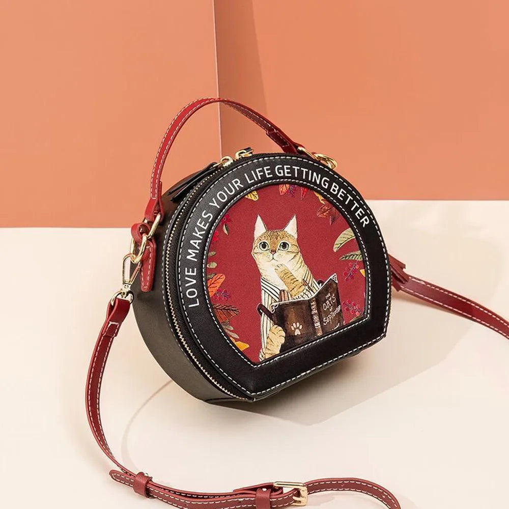Butterfly Print Small Round Shoulder Bag for Women