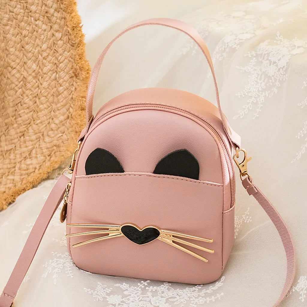 Cat Women Small Backpack Solid PU Leather Multi-function Backpacks Shoulder Bag