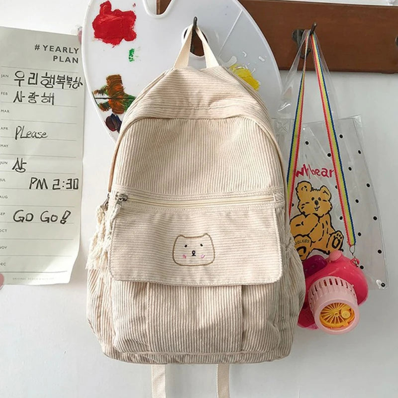 Solid Corduroy Women Backpack Teenage Schoolbag