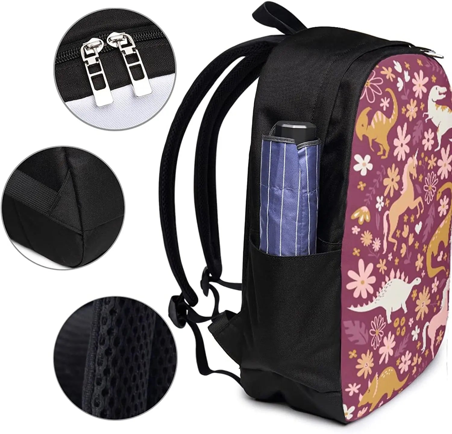 Dino Unicorn Burgundy Backpack for Teens School Bookbag 17 Inch Laptop