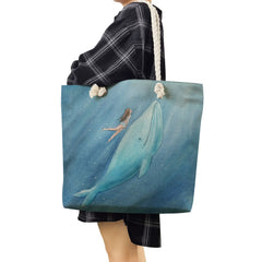 Girl Whale Sea Series Printed Handbags Linen Totes Shoulder Bag