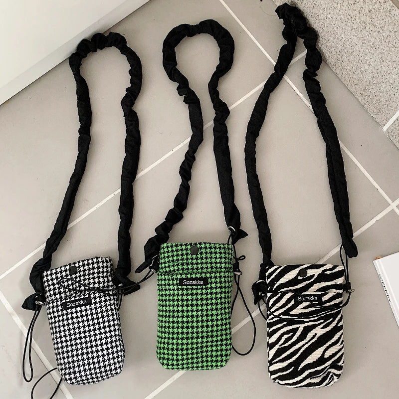 Girls Student Messenger Bags Phone Pouch Retro Houndstooth Small Shoulder