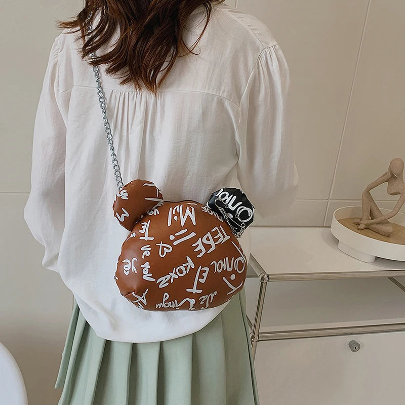 Graffiti Cartoon Bear Chain Shoulder Bag for Women Ladies Purses