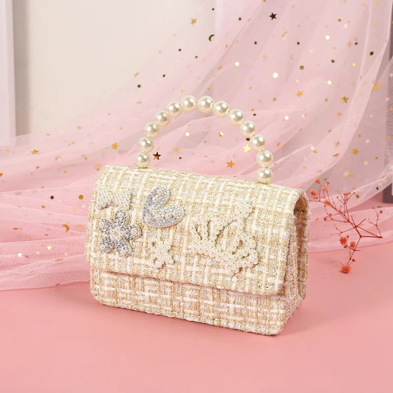 Kids Bowknot Linen Crossbody Bag with Coin Pouch - Baby Pearl Clutch Purse