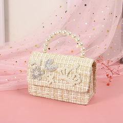 Kids Bowknot Linen Crossbody Bag with Coin Pouch - Baby Pearl Clutch Purse