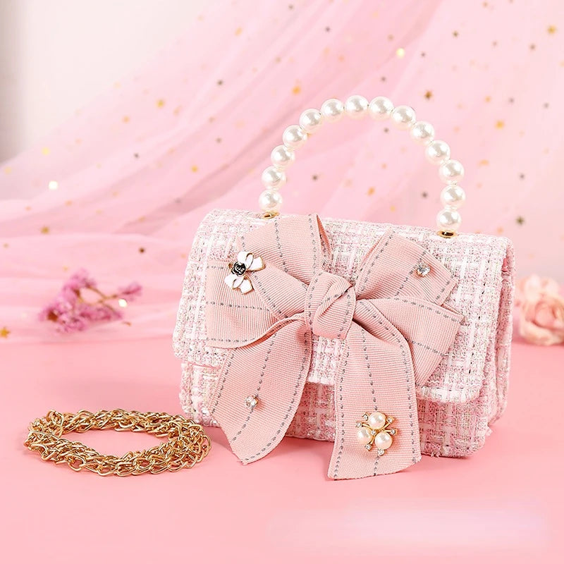Kids Bowknot Linen Crossbody Bag with Coin Pouch - Baby Pearl Clutch Purse