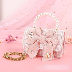 Kids Bowknot Linen Crossbody Bag with Coin Pouch - Baby Pearl Clutch Purse