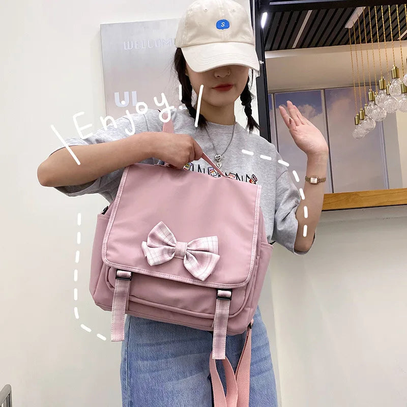 Japanese Student Backpack with Lattice Bowknot Design
