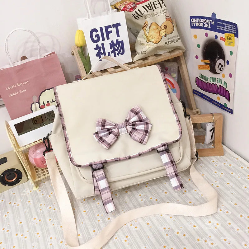Japanese Student Backpack with Lattice Bowknot Design