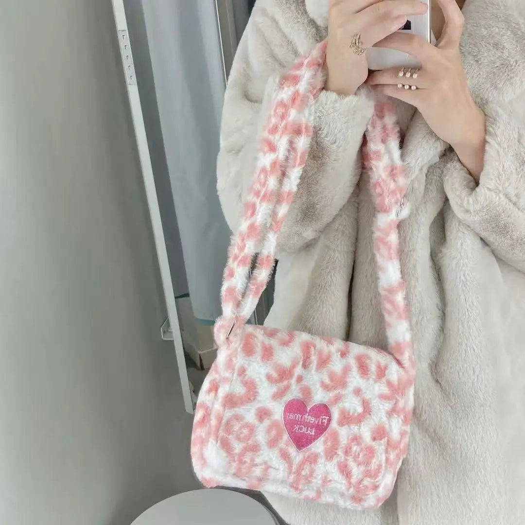 Leopard Print Furry Shoulder Crossbody Bag