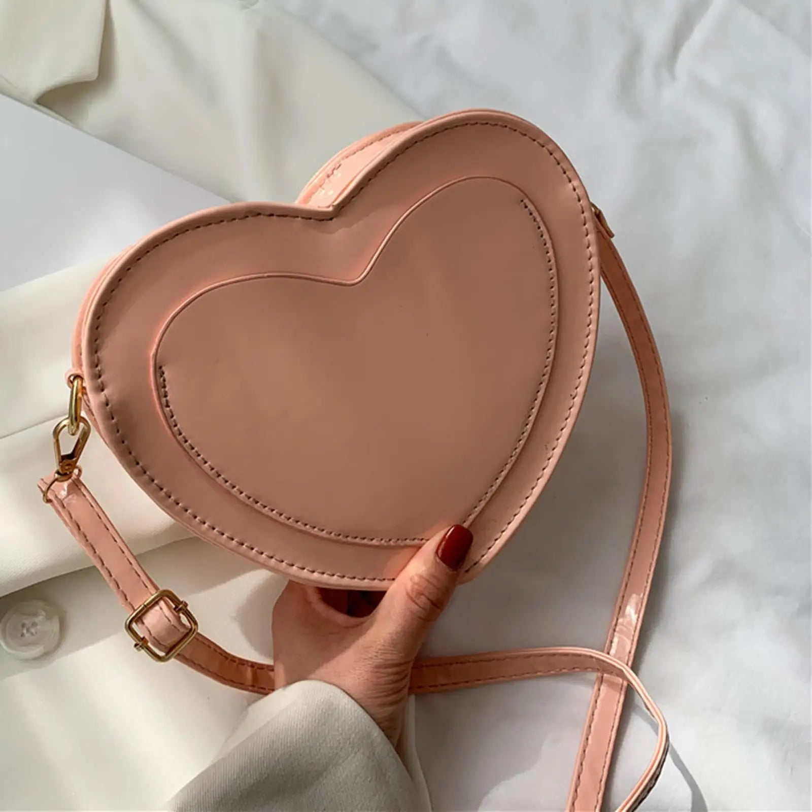Love Heart Shape Shoulder Bag Glossy PU Solid Satchel for Girls