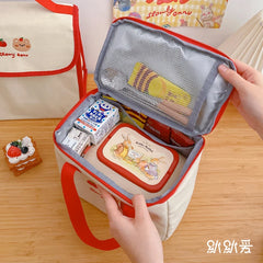 Bear Embroidery Thermal Lunch Bag Large Capacity Women Handbag