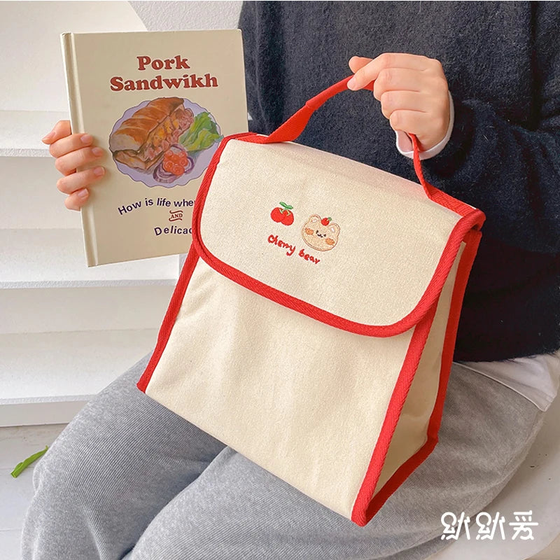 Bear Embroidery Thermal Lunch Bag Large Capacity Women Handbag
