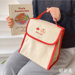 Bear Embroidery Thermal Lunch Bag Large Capacity Women Handbag