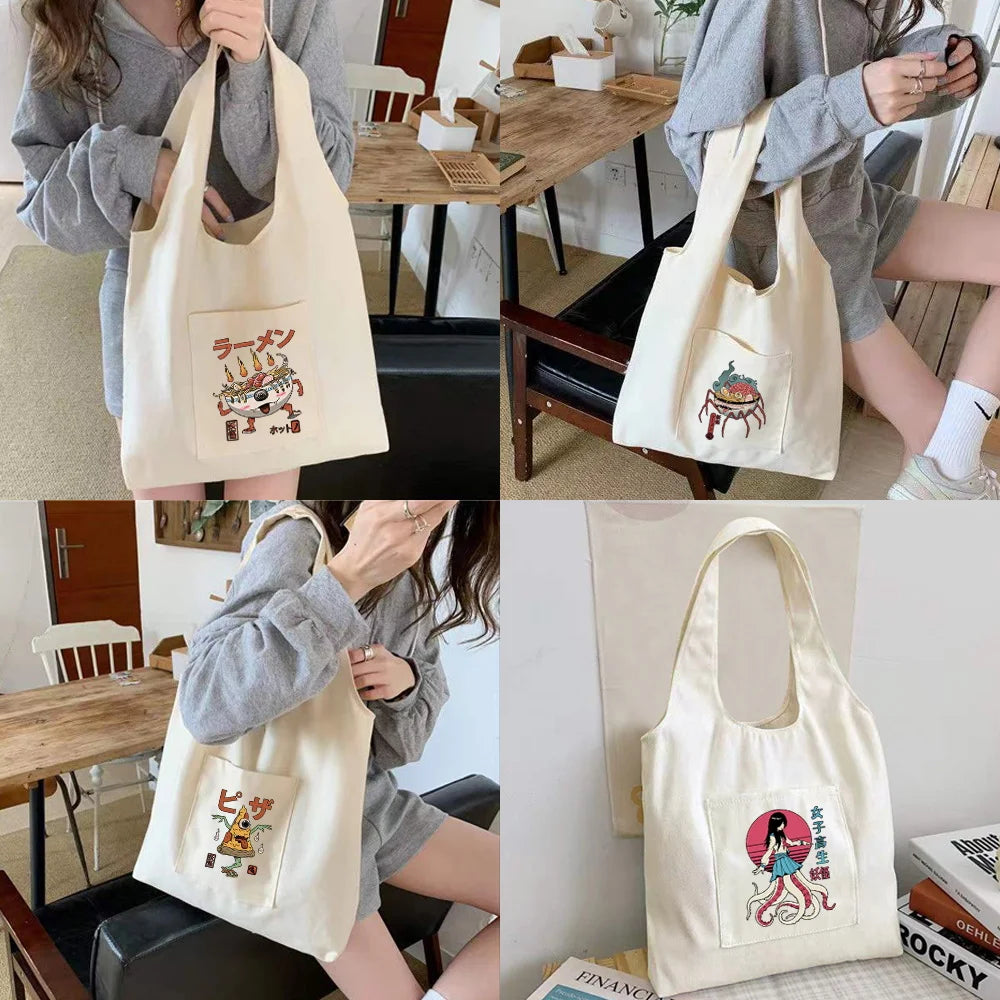 Monster Canvas Vest Bag Women's Shoulder Shopping Bags Eco Reusable Grocery Tote