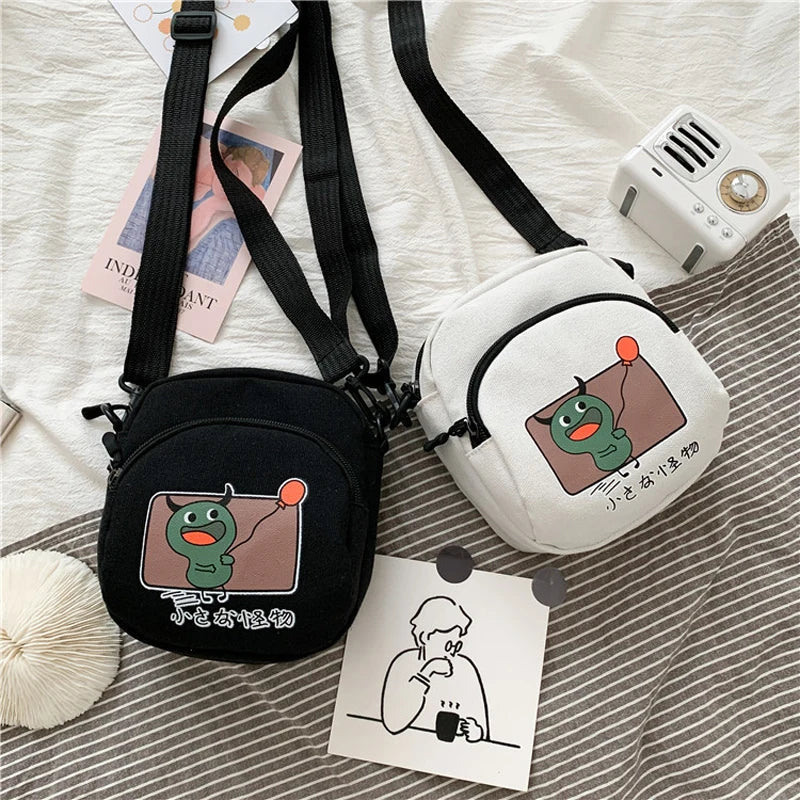 Monster Pattern Mini Crossbody Bag Zipper Canvas Mobile Phone Shoulder Bag