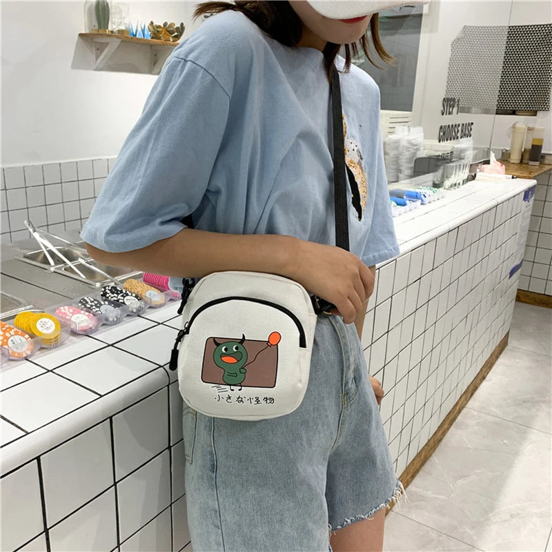 Monster Pattern Mini Crossbody Bag Zipper Canvas Mobile Phone Shoulder Bag