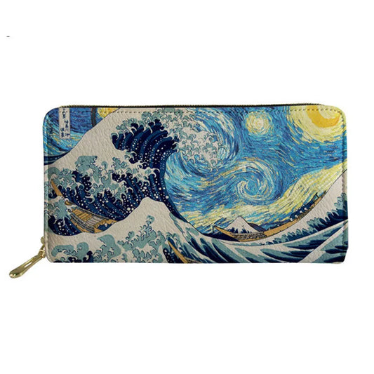 Ocean Wave Print Long Wallet Coin Phone Zip Wallet Card Holders Clutch Bag