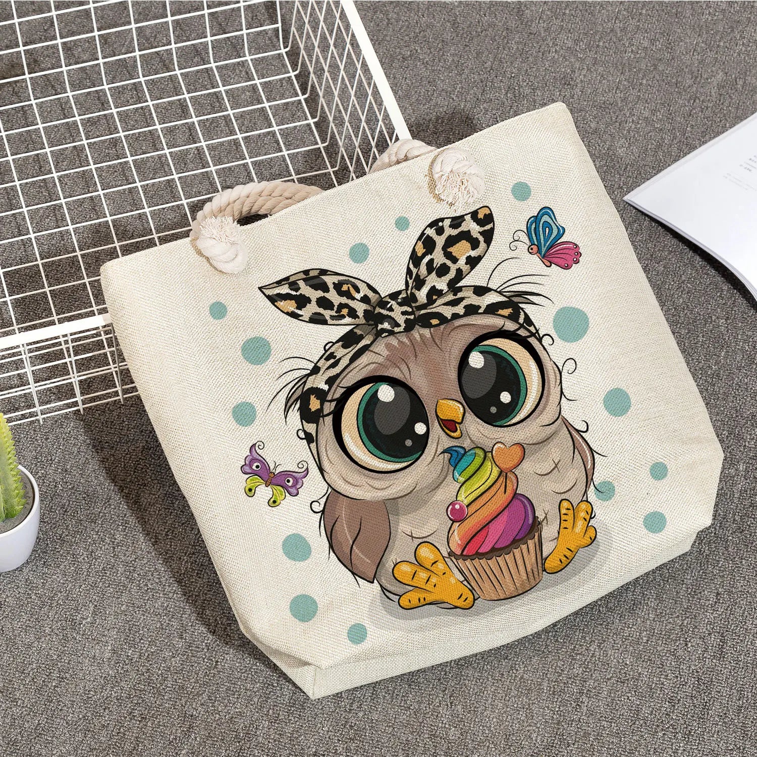 Owl Print Reusable Shopping Bag Cotton Rope High Capacity