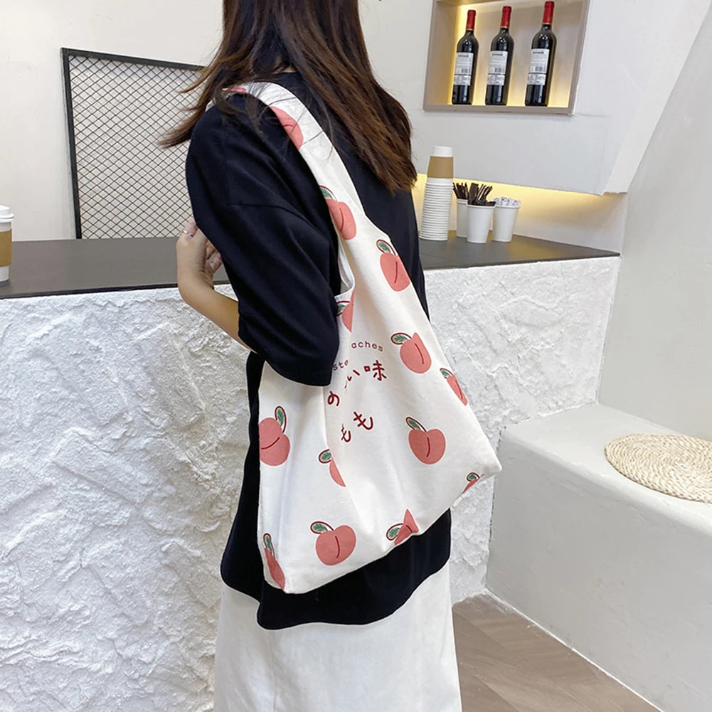 Peach Print Canvas Shoulder Bags For Women Ladies Large Capacity Tote