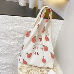 Peach Print Canvas Shoulder Bags For Women Ladies Large Capacity Tote