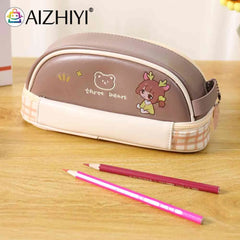 Large Capacity Pencil Case Organizer PU Zipper Student Cartoon