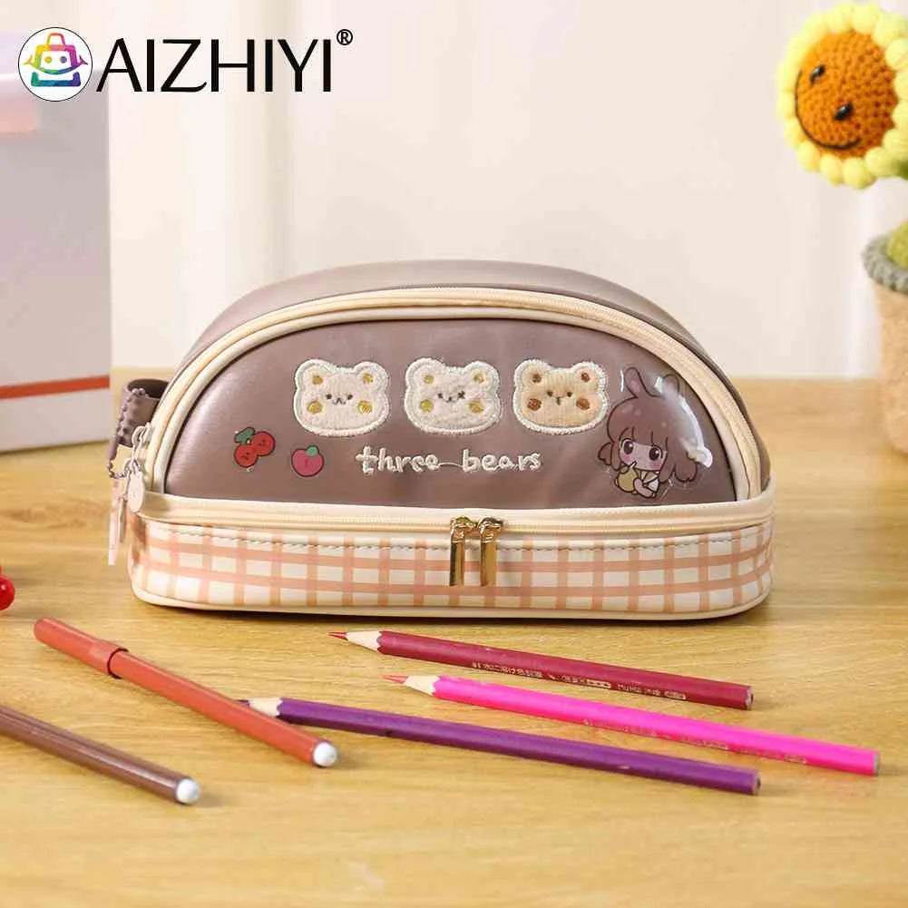 Large Capacity Pencil Case Organizer PU Zipper Student Cartoon