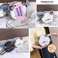Glitter Circular Shoulder Bag for Girls, Small Crossbody Cat Handbag
