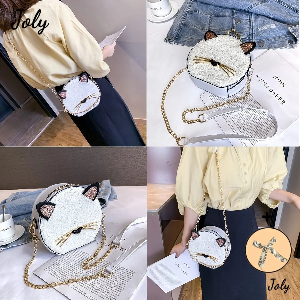 Glitter Circular Shoulder Bag for Girls, Small Crossbody Cat Handbag