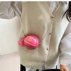 Personality Basketball Shape Handbags Fur Ball Decor Round Purse Mini Crossbody